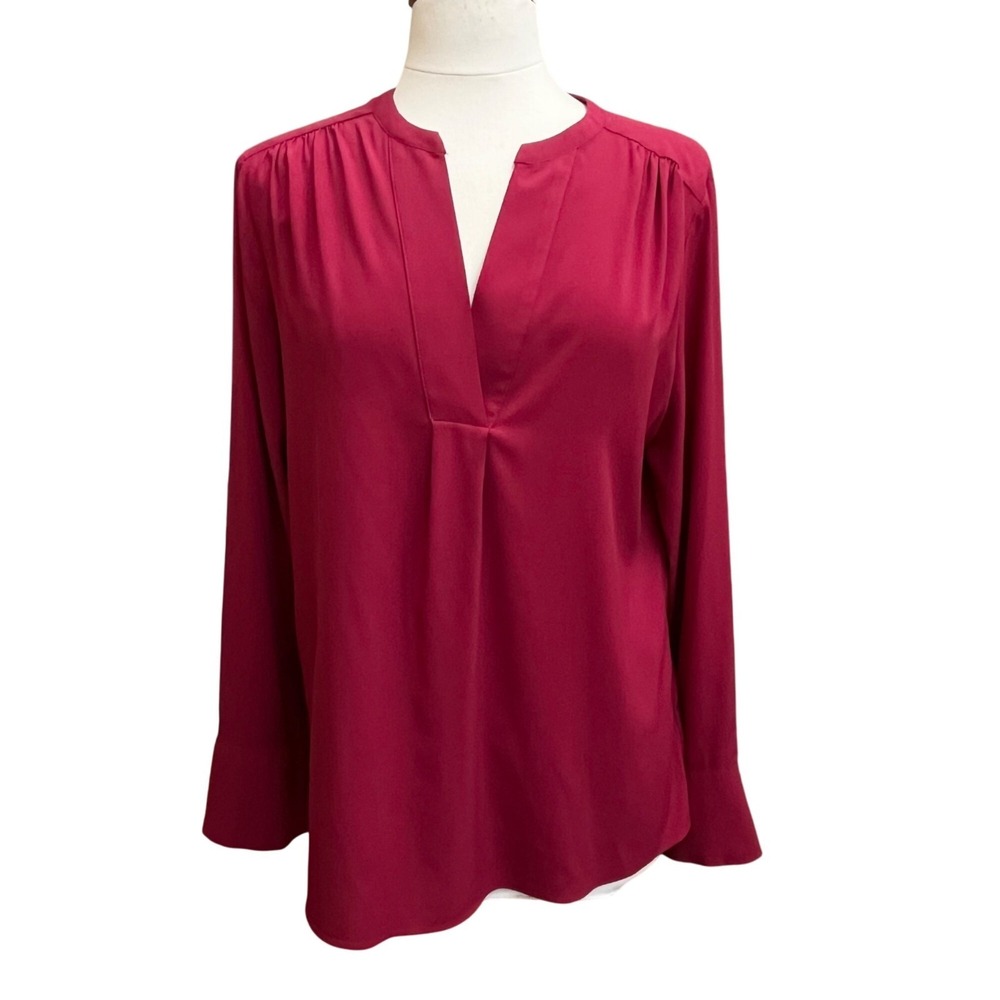 Calvin Klein Women Long Sleeve Blouse Red Large V Neck Pleated Upscale Office